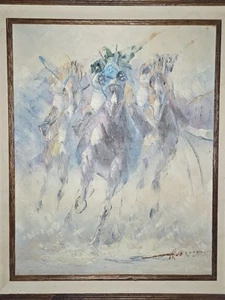 Vintage Oil On Canvas Signed A. Veccio Horse Racing Nieman-Esq Damage See Pics! - Picture 1 of 24