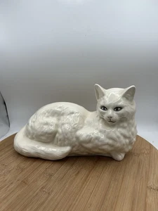 Persian Cat Blue/green Eyes Statue Laying Down Vintage Large White Ceramic 14" - Picture 1 of 6