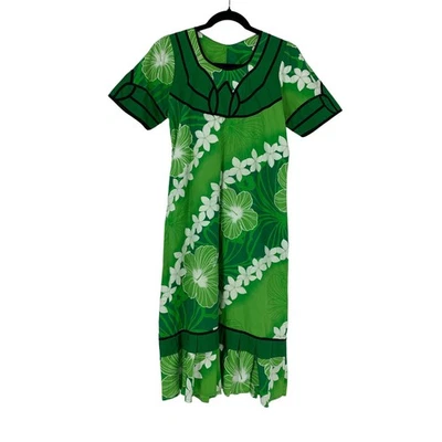Vintage 1970s Women's Sz S/M Hawaiian MuuMuu Midi Dress Green Floral Print - Image 1 of 4