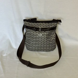 Tommy Hilfiger Dark Brown/White Print PU Leather Small Crossbody Bag Silver - Picture 1 of 5