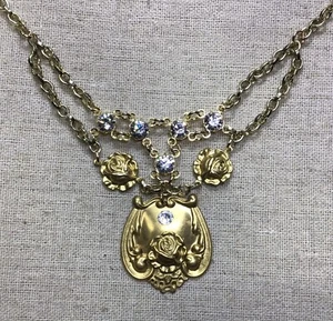 Victorian Inspired Necklace-Rose Connectors, Clear Crystals, Gold Tone - Picture 1 of 5
