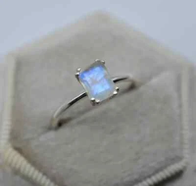 Solitaire Emerald Cut 0.50CT Moonstone Women's Statement Party Ring 935 Silver - Image 1 of 4