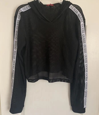 Guess~Sudadera con capucha negra de malla recortada~Rayas blancas con logotipo en las mangas~talla XL Foto 1 de 4