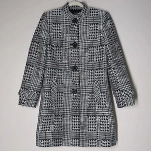 Alex Marie Women Houndstooth Trench Coat Sz 6 Black White Button Up Lightweight - Picture 1 of 6