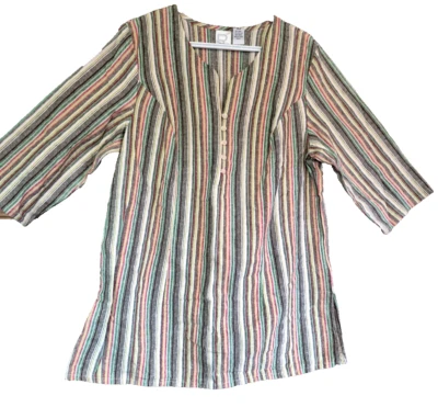 Top túnica a rayas de lino Plus para mujer ligero verano vacaciones 16W verde Foto 1 de 4