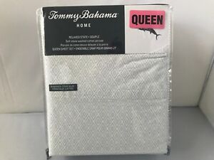 Tommy Bahama Home Stone Washed Queen Sheet Set Chambray Diamond Gray Design