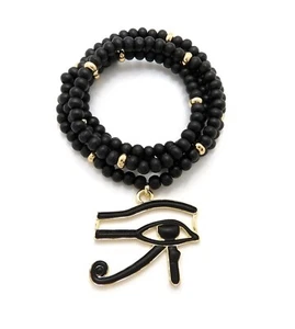 Egypt God Eye of Horus Pendant 6mm 30" Wooden Bead Hip Hop Necklace RC4226WBK - Picture 1 of 52