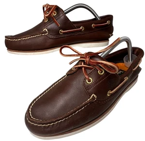 Vtg Timberland Brown Leather White Sole 2 Eye Boat Shoes 74035 Preppy Men Sz 9.5 - Picture 1 of 18