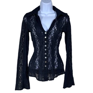 Vintage BeBe Lace Button Up Blouse Womens S Black Sheer Stretch Top Goth Y2K - Picture 1 of 6