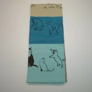NWT India Overseas Purr Kitchen Towel Blue & Khaki 100% Cotton Cat Kitten Print  - Picture 1 of 4