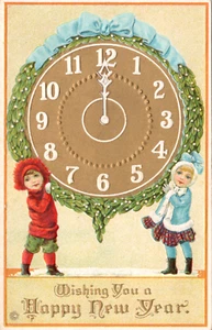 Vintage Postcard Happy New Year Midnight Little Boy and Girl Holding Clock 1910s - Picture 1 of 3