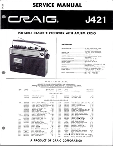 CRAIG J421, REGISTRATORE A CASSETTE PORTATILE, CON RADIO AM/FM, MANUALE DI SERVIZIO ORIGINALE - Foto 1 di 1