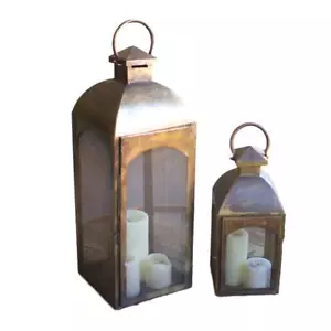 Vintage Style Antiqued Bronze Set Two Metal Pillar Candle Lanterns Display Case - Picture 1 of 2