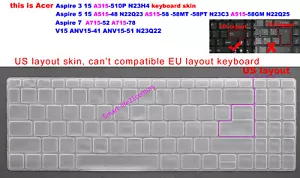 US Keyboard Skin Cover for Acer A315-510P N23H4 A515-48 N22Q23 A515-58PT N22Q25 - Picture 1 of 8