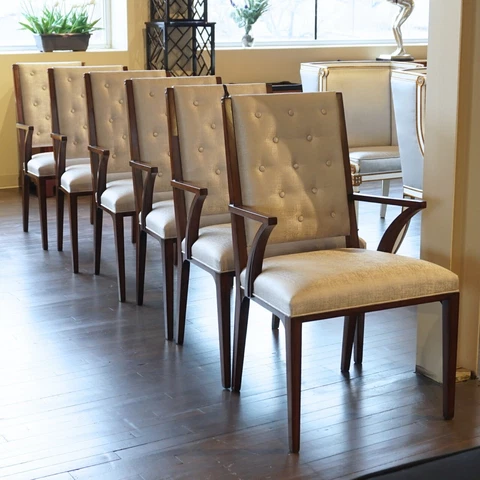 Set of 8 mahogany transitional dining arm chairs with silver fabric Cover