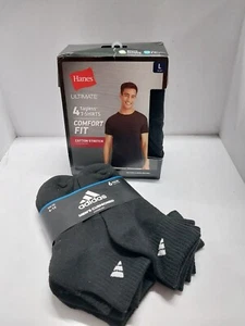 4 Hanes Herren T-Shirts Größe L und 6 Paar Adidas Socken Neu mit Etikett - Bild 1 von 4