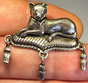 Bewegliche baumelnde Katze Anstecknadel Rückseite Brosche Funky Vintage 1 1/2" Sterlingsilber 0,925 b27 - Bild 1 von 12