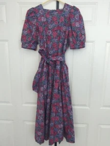 Laura Ashley Vintage Dress Red Violet Floral Pleated Midi Square Neck Size 8 - Picture 1 of 16