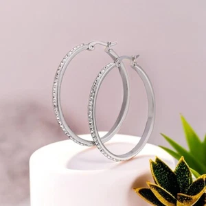 Trendy Diamante Statement Hoop Earrings, Classic Rounded Design in Various Sizes - Picture 1 of 5
