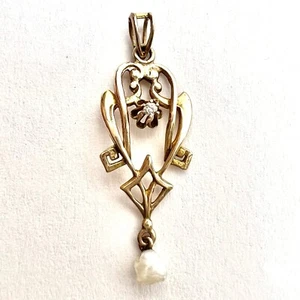 Antique, Victorian 10K Solid Yellow Gold Diamond Dangling Seed Pearl Pendant - Picture 1 of 9