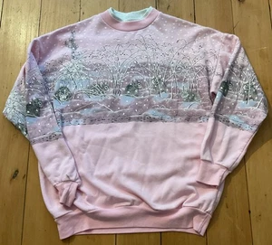 Vintage 90s Artisans Snow Bunny Rabbit All Over Print Sweatshirt Damen Gr. XL Natur - Bild 1 von 6