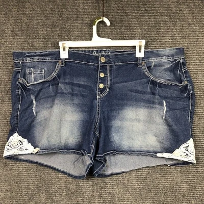 Amethyst Womens 24 Jean Plus Shorts Lace Distressed Button Fly Stretch Mid Wash - Image 1 of 4