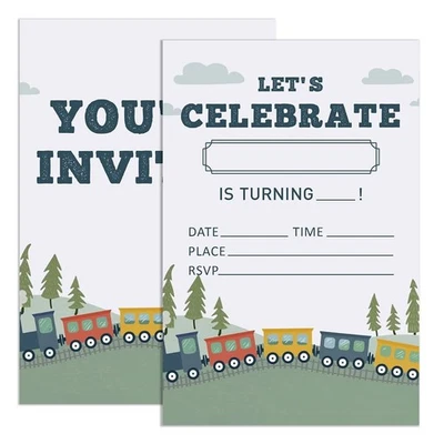 20 Train Birthday Party Invitations with Envelopes for Boy Railroad Invites - Imagem 1 de 4