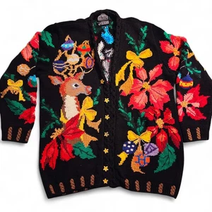 Cárdigan Suéter Vintage Berek Tejido a Mano Navidad Reno Poinsettia L - Imagen 1 de 11