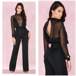House of CB London Sz L Omaira Black Sheer Plunging Mesh Long Sleeve Bodysuit - Picture 1 of 16