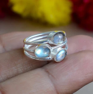 Blue Labradorite Gemstone Handmade 925 Sterling Silver Three Stone Ring-x304 - Picture 1 of 6