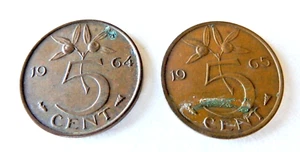 Netherlands Two 5 Cent Coins 1964 + 1965 - Picture 1 of 6