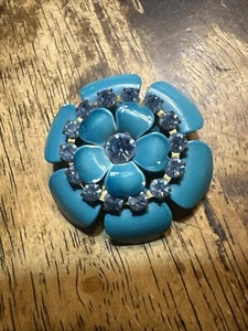 Vintage Blue Enamel & Rhinestones Flower Brooch 1.5” Very Good Conditions - Picture 1 of 3