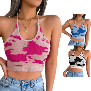 Womens Ribbed Hem Camisole Halter Knitted Cropped Tops Cow Printing Lace-up Vest