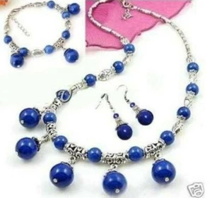Tibet Silver Lazuli Lapis Gemstone Necklace18'' Bracelet 7.5'' Earring 1Set - Picture 1 of 12