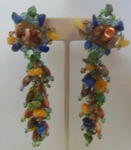 Vintage lange mehrfarbige Glas Stein/Perle Cluster Kette Clip-on Ohrringe - Bild 1 von 7