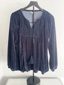 reCreation dunkelblau Samt Boho Gr. L Bauern Top Häkelborte Quaste Bluse - Bild 1 von 8