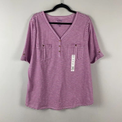 Camiseta Croft & Barrow Henley Talla XXL Rosa Blanco Rayas Cuello en V Manga Corta Foto 1 de 4