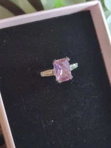 Sterling Silver 925 Size 6 Ring Large Emerald Cut Pink Morganite Lab Created Sta - Picture 1 of 9