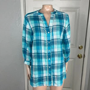 Camisa para mujer Soft Surroundings M a cuadros manga larga algodón manga 3/4 2EH91 B3-25 - Imagen 1 de 6