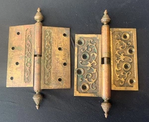 PAIR OF ORIGINAL ANTIQUE BRONZE DOOR HINGES STEEPLE TIPS DATED 1870 4 1/2 - Picture 1 of 7