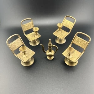 Vintage Miniature Brass Dollhouse Pedestal Chairs Glasses And Tea Pot Set Of 4 - Picture 1 of 16