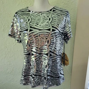 S.C. Society Top Womens Size L Sequin abstract sheer witchy sparkle glitter - Picture 1 of 12