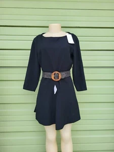 NEW ZARA BLACK A LINE DRESS WITH BELT ROUND NECK BLOGGER 3/4 SLEEVES M B1336 - Picture 1 of 12