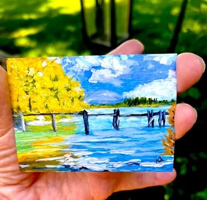 Original Aceo Painting - Jetty Lake In Fall, Artist Trading Card Nature 2.5x3.5 - Picture 1 of 3