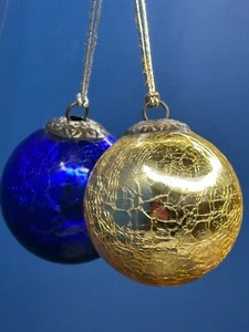 Kugel German Traditional Crackle Blue & Gold Glass Christmas Ornaments Set of 2 - Picture 1 of 6