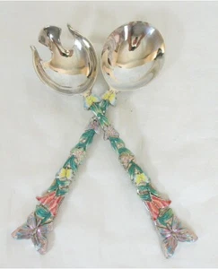 Godinger Rare Silverplated Enamel Butterflies Serving Spoon and Fork - Picture 1 of 6