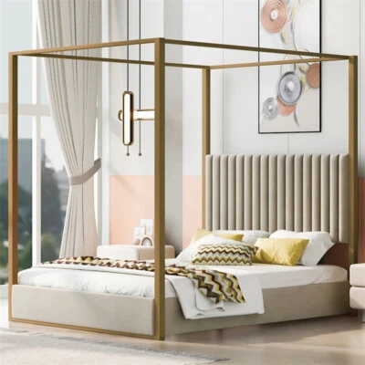Queen Size Upholstery Canopy Platform Bed with Headboard and Metal Frame, Beige - Image 1 of 4