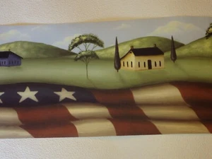 COLONIAL VILLAGE WITH AMERICAN FLAG BOTTOM PREPASTED WALLPAPER BORDER # B05811 - Picture 1 of 3