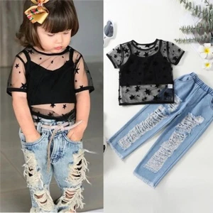 Toddler Infant Baby Kids Girls Clothes Mesh T-shirt Tops+Denim Pants Outfits Set - Picture 1 of 5