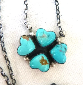 NWT Navajo Donovan Skeets 4-Heart Kingman Turquoise Necklace 925 Sterling Silver - Picture 1 of 5